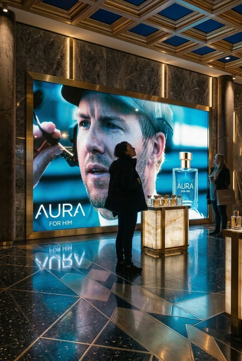 Ecran LED într-o parfumerie, campanie AURA for Him