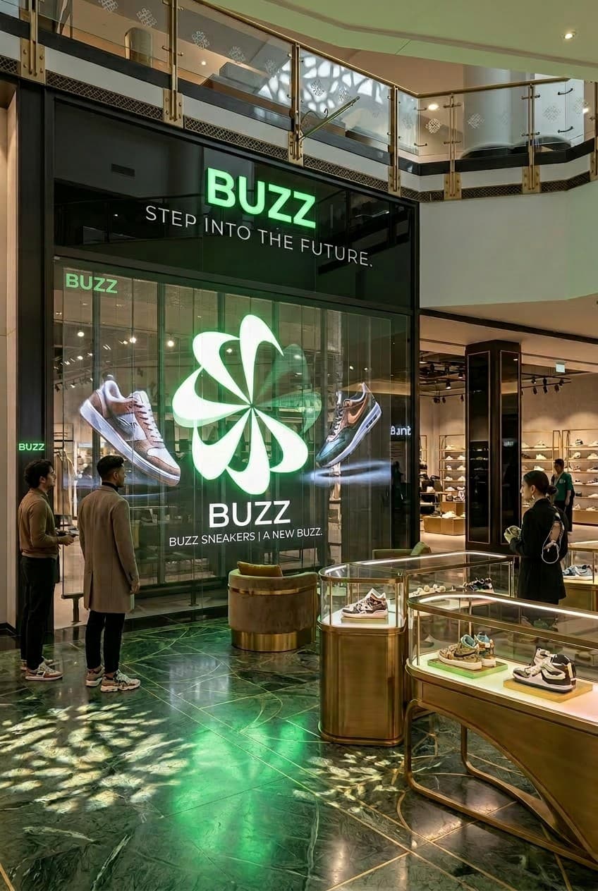 Vitrină de sneakers cu ecran LED transparent, campanie BUZZ