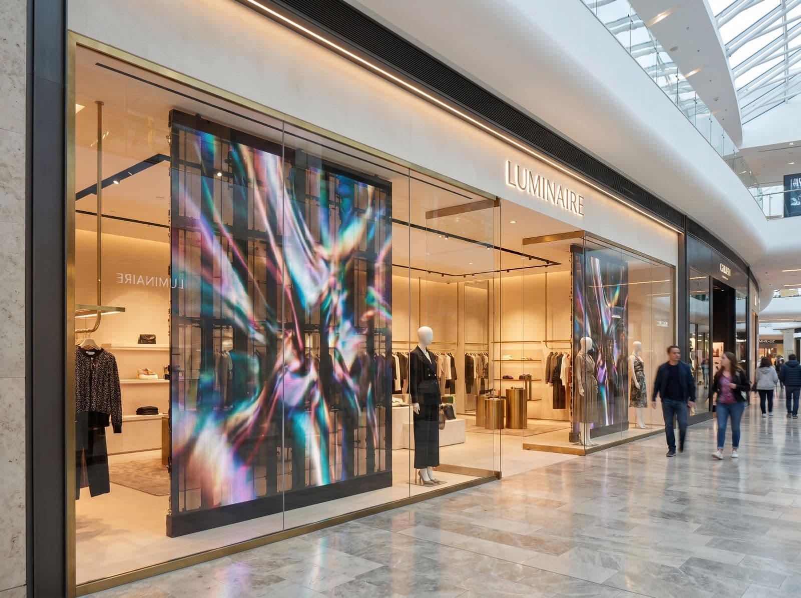 Vitrină de lux cu ecran LED transparent care afișează un vizual holografic
