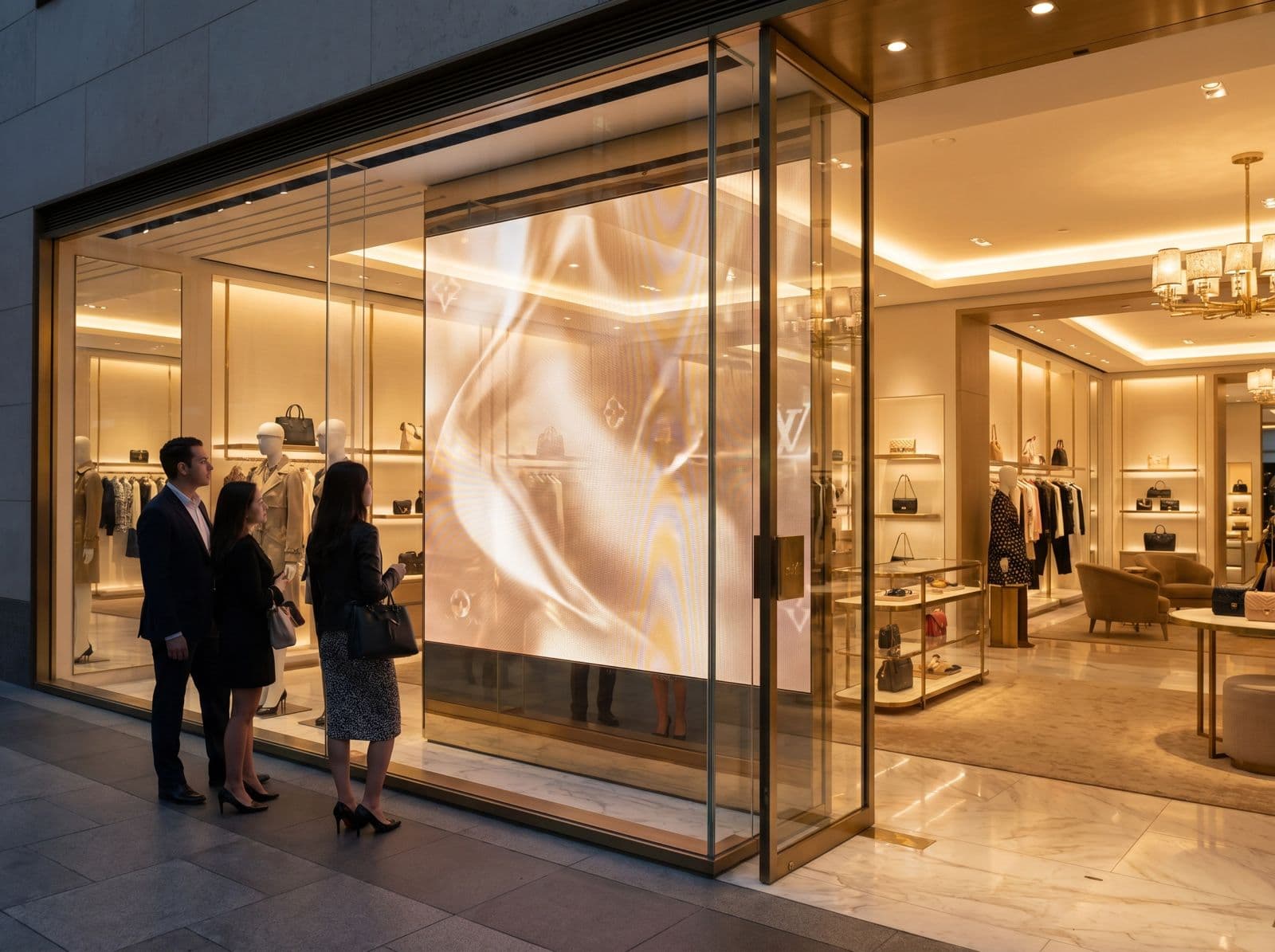 Trecători privind un ecran LED transparent montat în vitrina unui magazin de lux